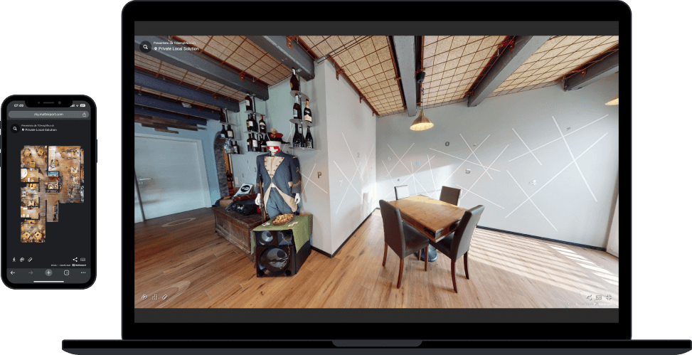 Mockup di come appare un tour virtuale di un bistrot su un laptop e su uno smartphone. Planimetria 3D e stanza virtuale.