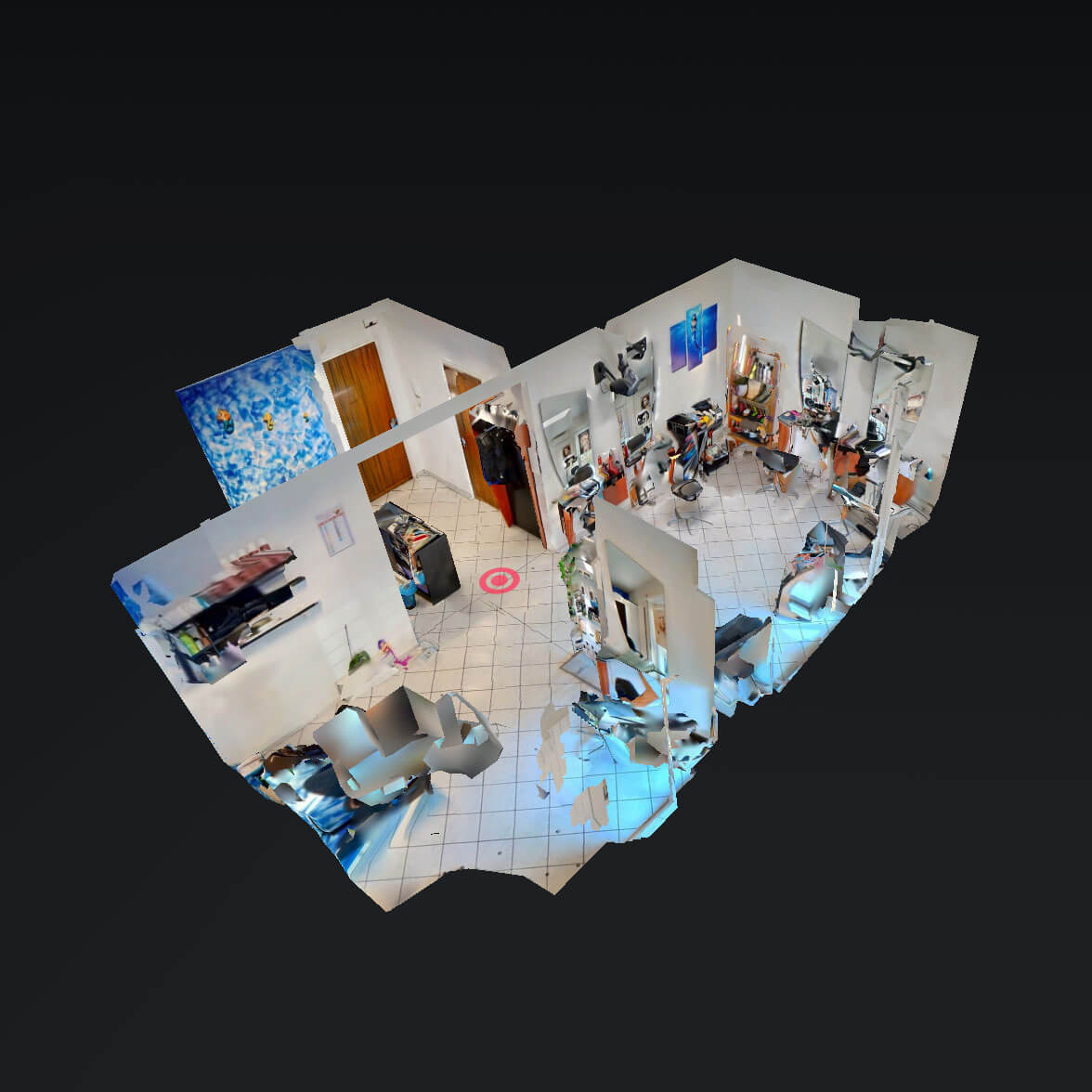 Ricostruzione virtuale 3D dello studio di un parrucchiere, completo di arredamento. Vista aerea in prospettiva.