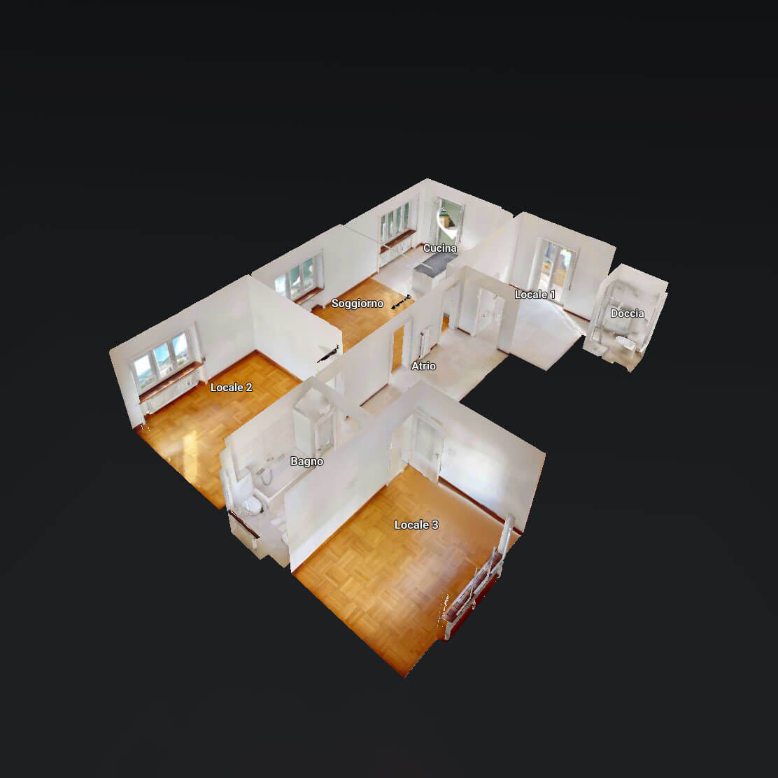 Ricostruzione virtuale 3D di un intero appartamento, con nomi delle stanze sovrapposte. Vista aerea in prospettiva.