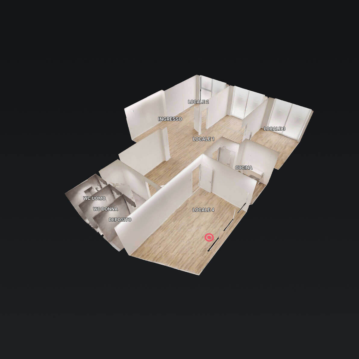 Ricostruzione virtuale 3D di un intero appartamento, con nomi delle stanze sovrapposte. Vista aerea in prospettiva.