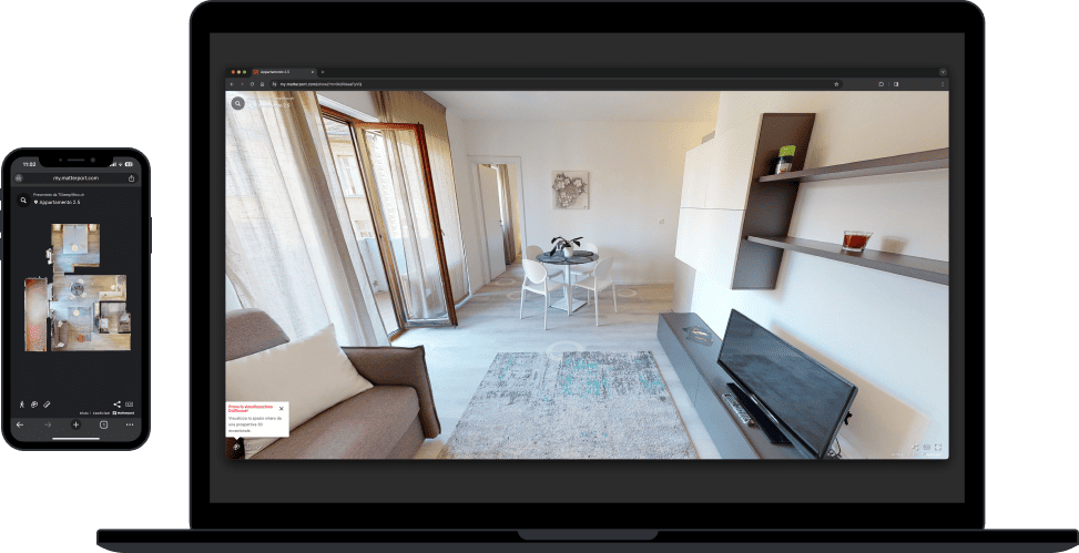 Mockup di come appare un tour virtuale su un laptop e su uno smartphone. Planimetria 3D e stanza virtuale.